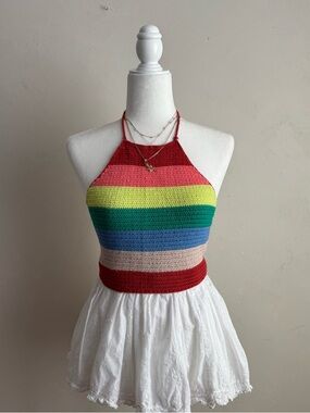 Urban Outfitters Red, Blue, Tan Striped Halter Knit Top - Medium